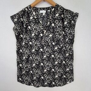 VTG New York & Co. Black White Crepe Geometric Cap Sleeve V-Neck Blouse X-Small